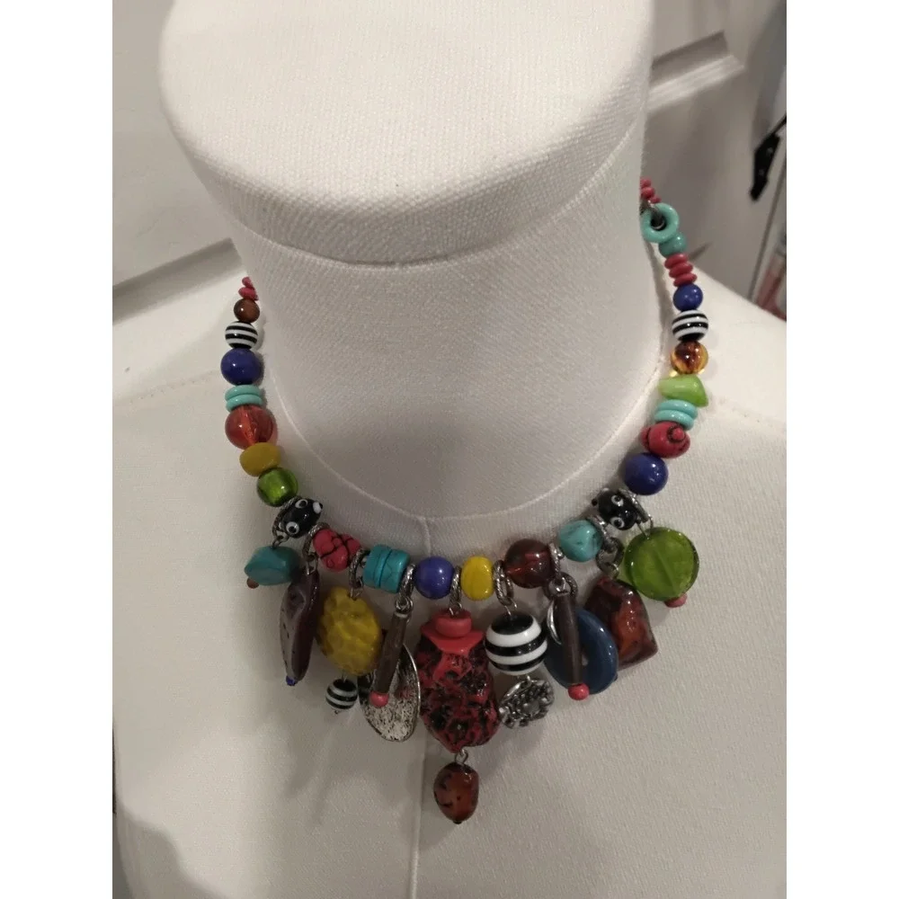 Multicolor‎ Beaded Statement Charm Necklace Eclectic Mixed Media Boho Jewelry